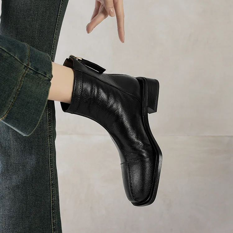 WGW802/3-7cm/2025秋冬新款羊皮粗跟方头显瘦增高真皮短靴女