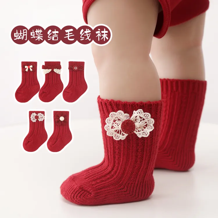 婴儿袜子儿童中筒纯棉蝴蝶结春秋女童红色宝宝棉袜新年本命年高筒