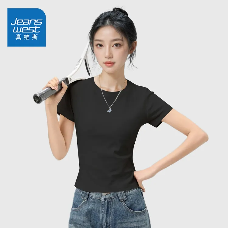 真维斯黑色短袖t恤女2025夏季新款正肩合身设计感显瘦修身小上衣