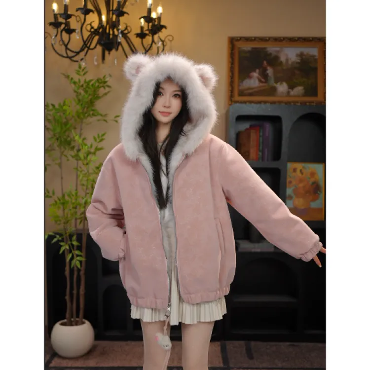 女童加绒外套秋冬2025新款双面穿皮草派克服保暖连帽毛毛衣棉服潮