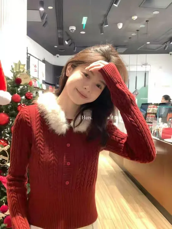 韩系设计感毛领麻花毛衣女秋冬穿搭修身显瘦针织衫小个子内搭上衣