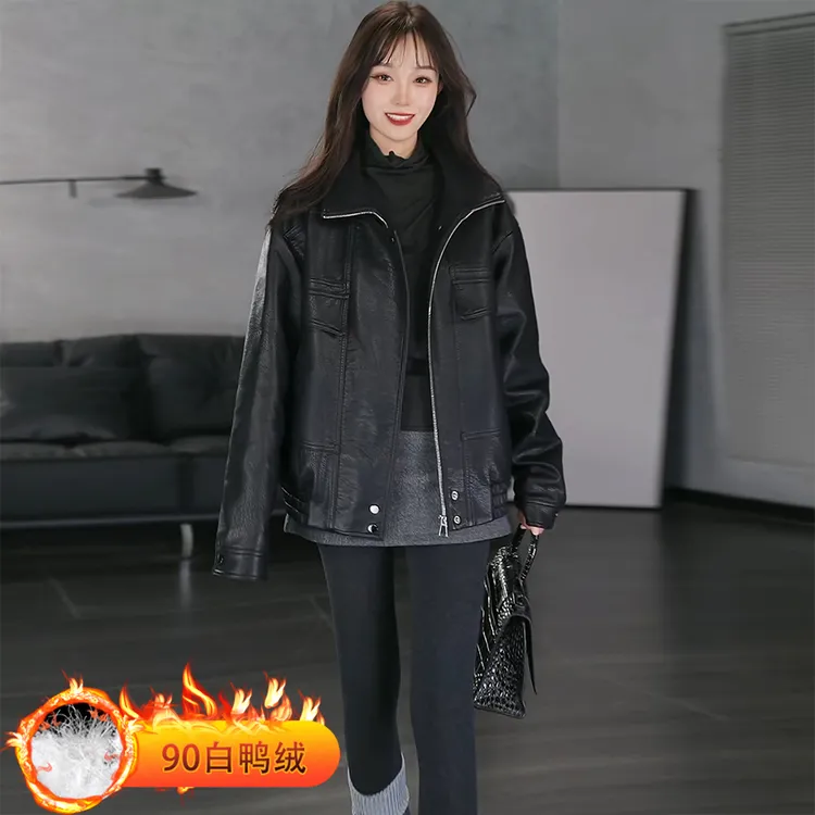 羽绒皮衣外套女复古2025冬新款立领廓形加厚保暖飞行机车皮夹克潮