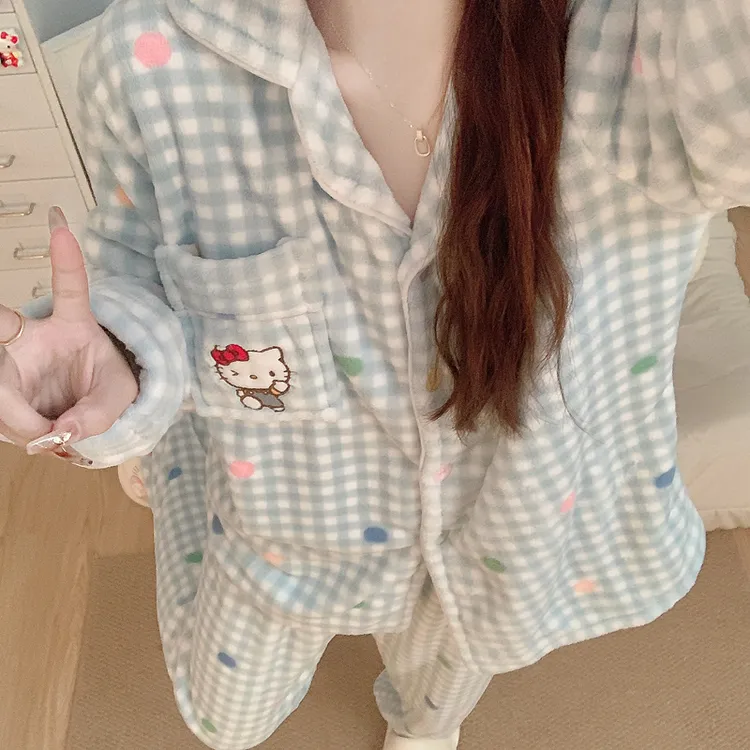 【加绒加厚】珊瑚绒睡衣女秋冬季格子波点KT猫法兰绒保暖家居服套装
