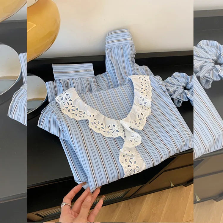韩系减龄设计感蕾丝花边条纹拼接衬衫上衣女装早春新款宽松衬衣潮