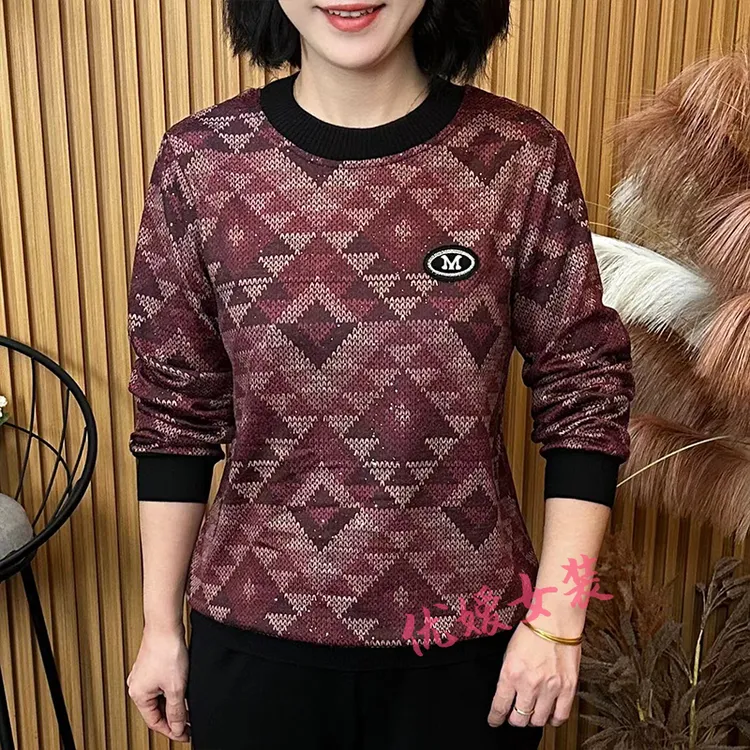 中老年女装秋冬圆领立体针织休闲宽松百搭显瘦洋气妈妈装长袖上衣
