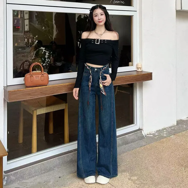 喜绚复古蓝阔腿喇叭牛仔裤女春秋季2025新款潮流时髦腰带直筒裤子
