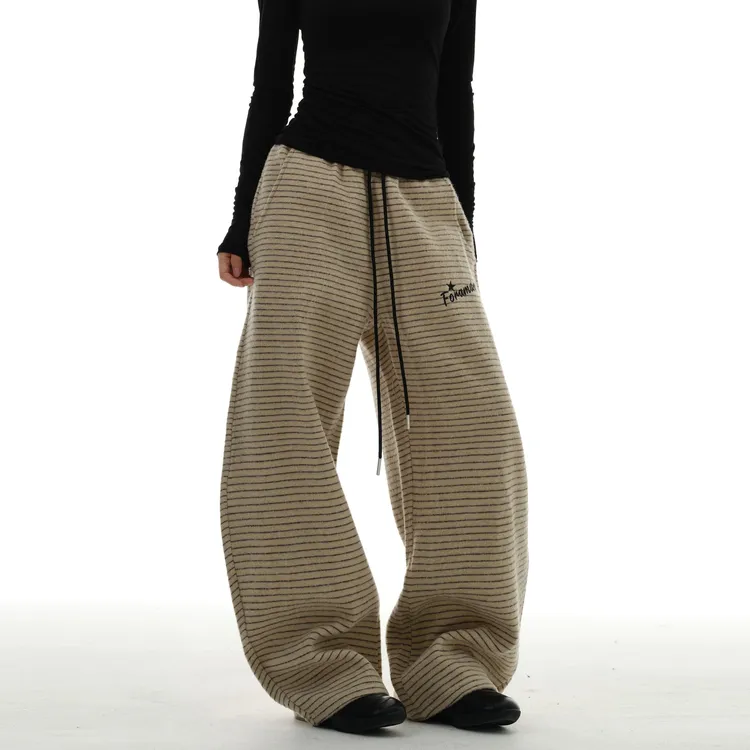 美式复古辣妹条纹休闲卫裤女2025秋冬宽松直筒阔腿运动长裤