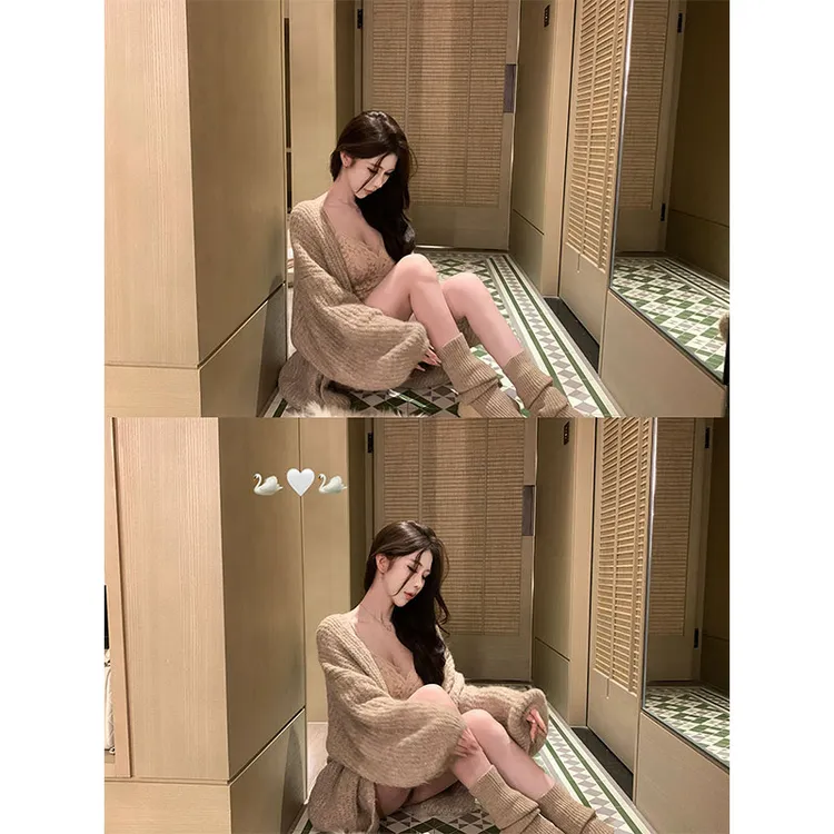 2025秋冬新款设计感温柔风宽松开衫+蕾丝吊带背心+休闲短裤三件套