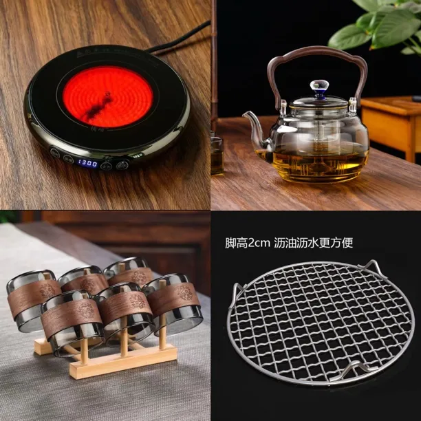 横硕1300W超薄电陶炉合金外壳煮茶炉茶具套装高硼硅提梁壶煮茶壶