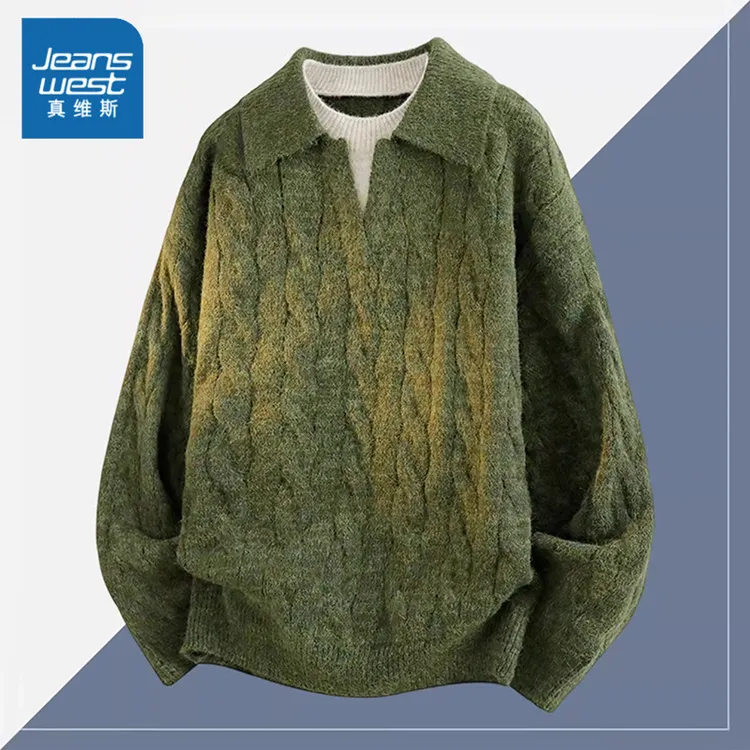 真维斯新款半开襟Polo领绞花毛衣男士秋冬季假两件重磅保暖针织衫