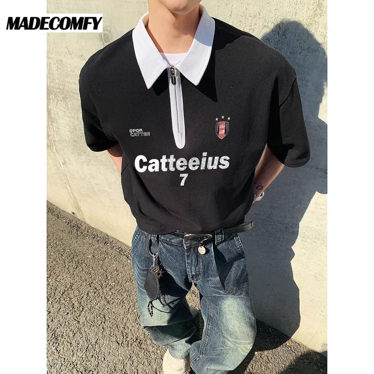 帅气假两件短袖美式复古polo衫T恤青少年男士潮流时尚上衣百搭款