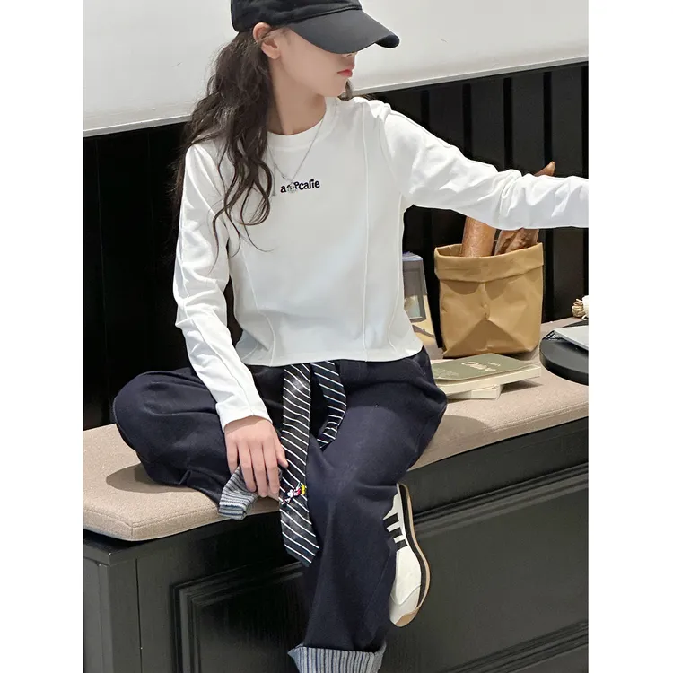 K25606孙小美刺绣女童长袖T恤2025秋新款儿童修身上衣春秋打底衫