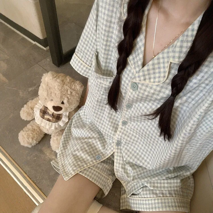 少女蓝白格夏季纯棉短袖睡衣2025新款100全棉布料家居服套装夏款