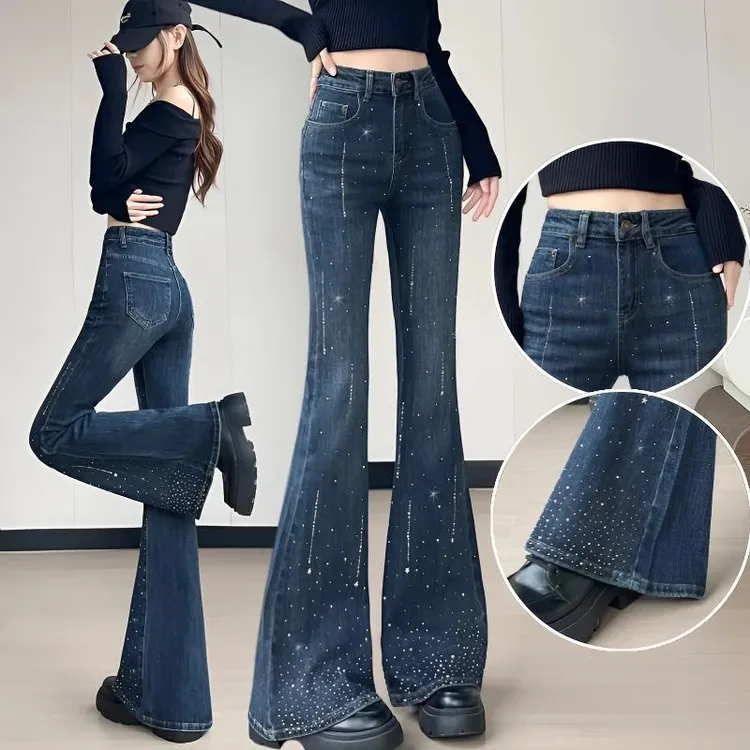 满天星烫钻紧身微喇牛仔裤女2025秋季新款超火提臀显瘦闪钻喇叭裤