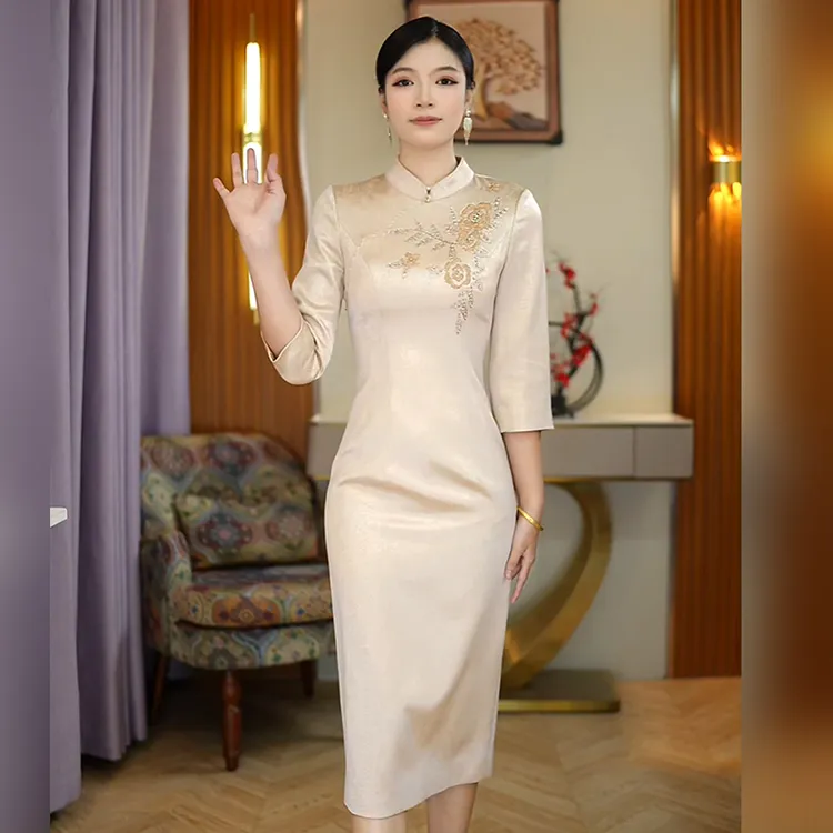高档婚礼旗袍妈妈装2025新款醋酸缎面结婚喜妈妈婚宴礼服连衣裙
