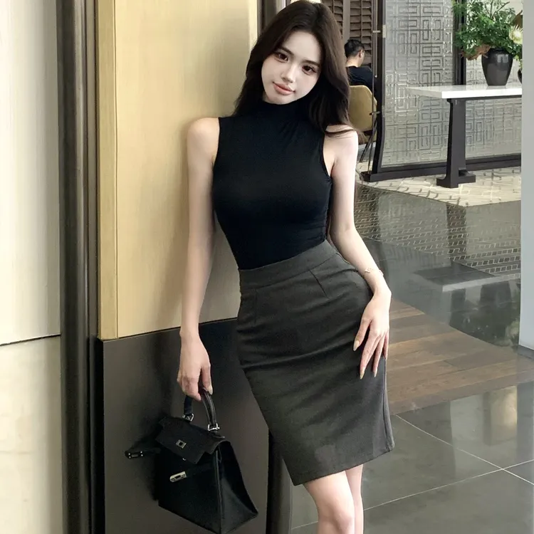 黑色紧身无袖背心女夏季辣妹显身材套装气质修身包臀半身裙两件套