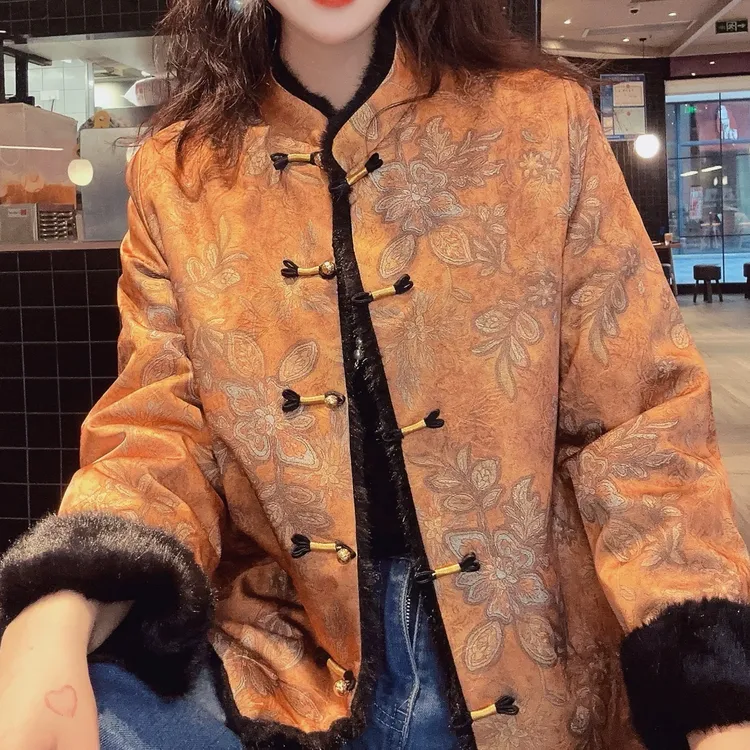 【苏杭版】新中式双面穿加厚毛毛复古文艺风织锦缎立领外套女气质