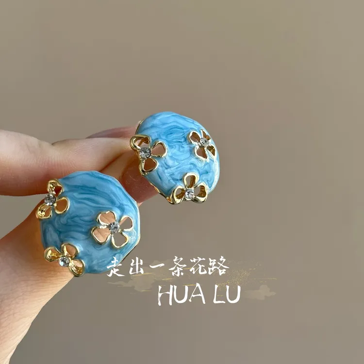 HUALU-镂空花朵~蓝色圆形法式复古简约轻奢高级感耳环蚊香盘耳夹