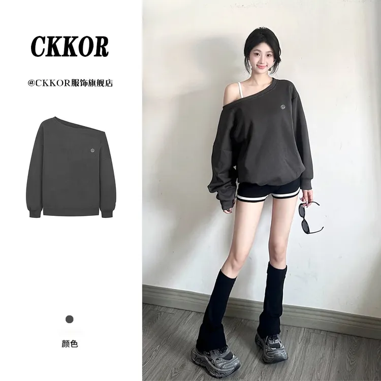 CKKOR辣妹性感露肩秋季上衣网红时尚炸街新款女装宽松慵懒风长袖 