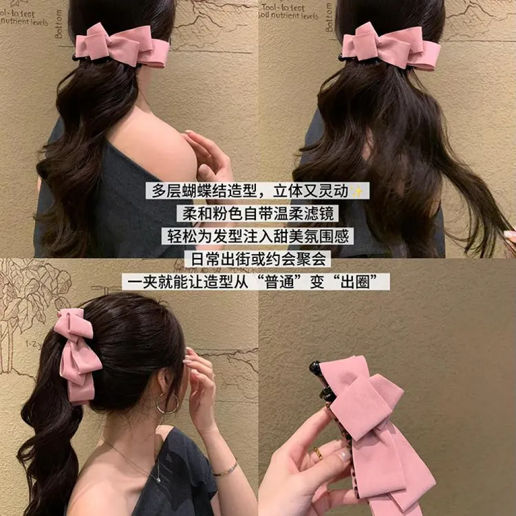 早秋韩系麂皮绒多层蝴蝶结香蕉夹子女后脑勺盘发夹扎马尾竖夹发饰