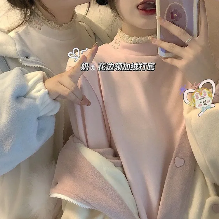 美式芭蕾风蕾丝花边半高领长袖T恤女秋冬季德绒内搭修身打底上衣