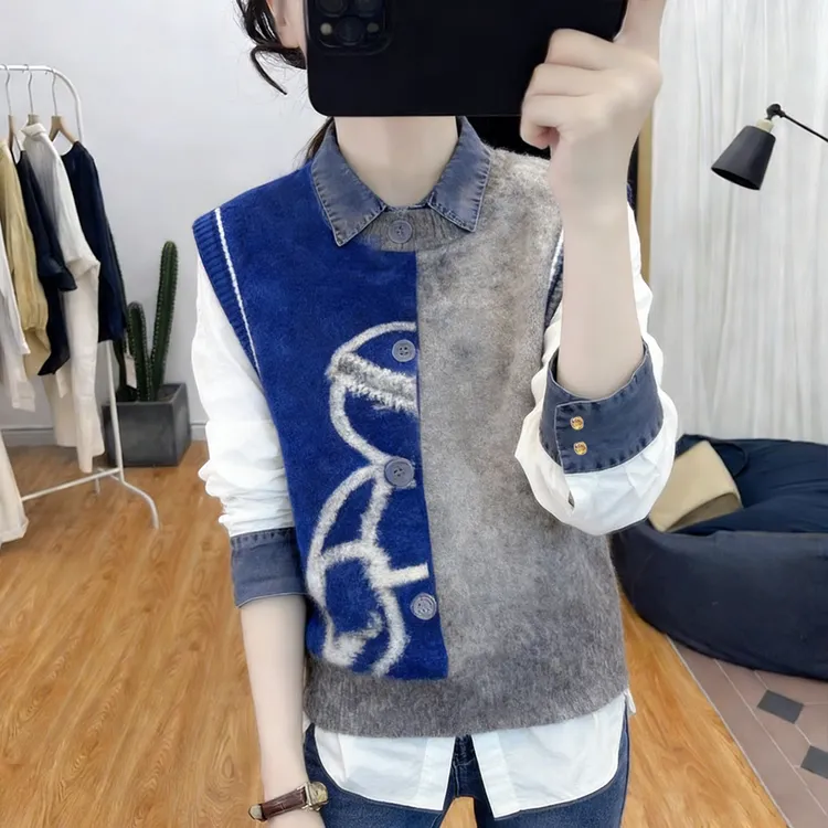 拼色马甲+牛仔拼接衬衫套装女春秋新款减龄针织毛衣坎肩两件套潮