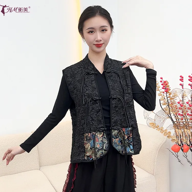 新款古典舞服新中式国风盘扣刺绣休闲显瘦马甲上衣秋冬宽松洋气服