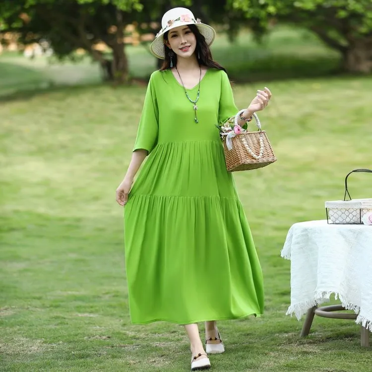 2025新款夏季薄款纯色棉绸连衣裙女妈妈大码宽松中袖气质外穿裙子