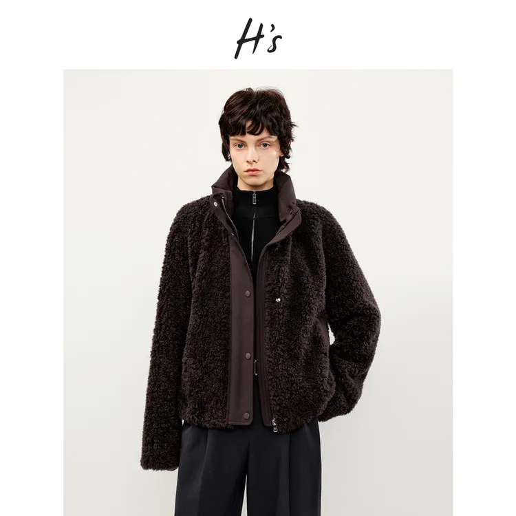 【进口澳毛】H'S仿麂皮拼接立领短外套女25冬新款高级设计皮草