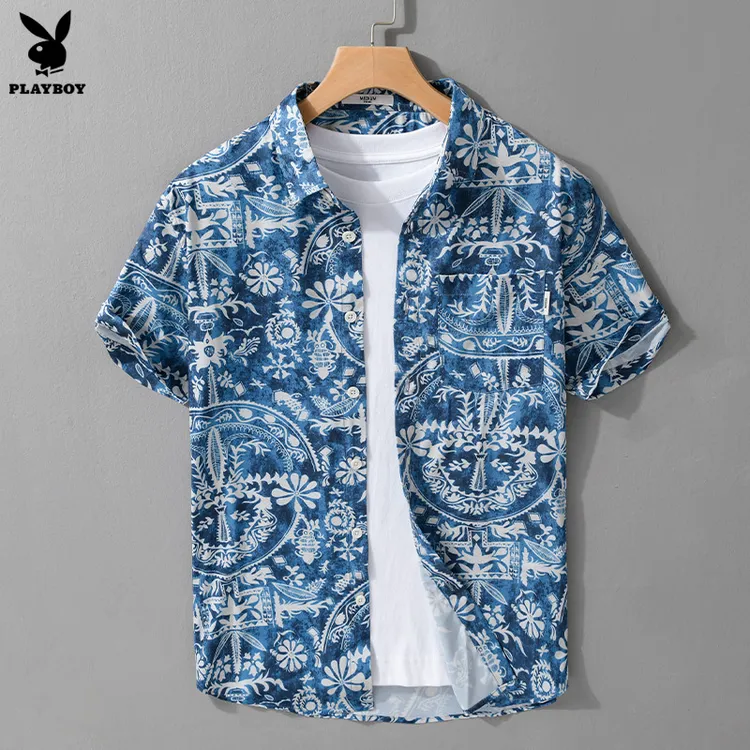 PLAYBOY花花公子夏季潮流印花短袖衬衫潮流沙滩休闲文衣青年宽松