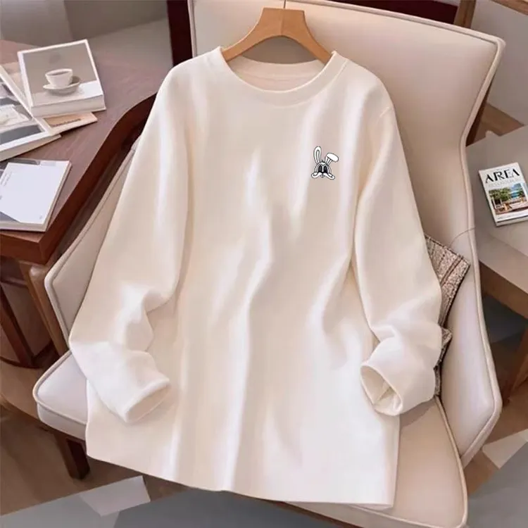 德绒保暖圆领打底衫女秋冬长袖t恤小众宽松中长款遮屁股减龄上衣