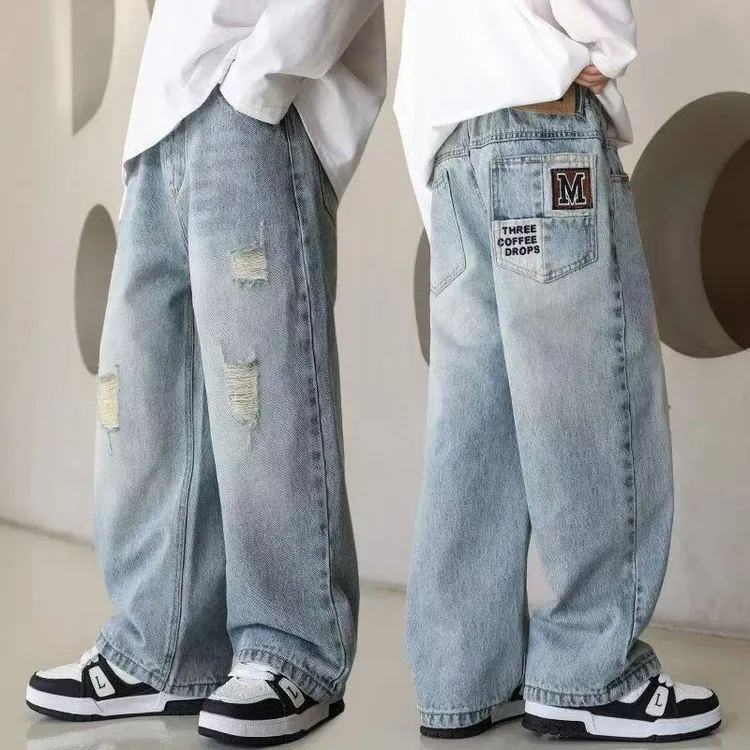 男童牛仔裤春秋款长裤2025新款中大童宽松软牛仔破洞外穿松紧长裤