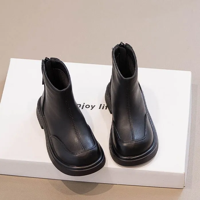 ABC女童马丁靴秋冬季新款儿童短靴宝宝鞋中大男童加绒保暖皮短靴