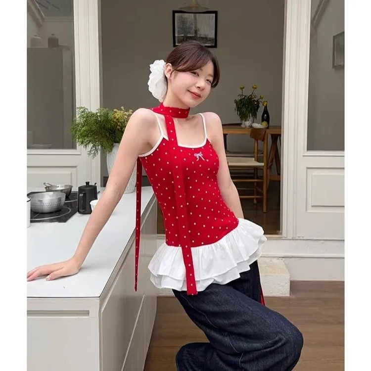 胖MM特大码300斤波点红色吊带背心女夏季蝴蝶结花边修身显瘦上衣2