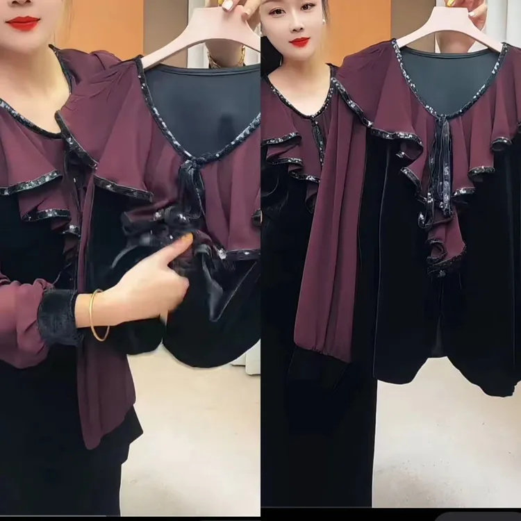 上衣宽松型打底衫秋季网红通勤重工V领金丝