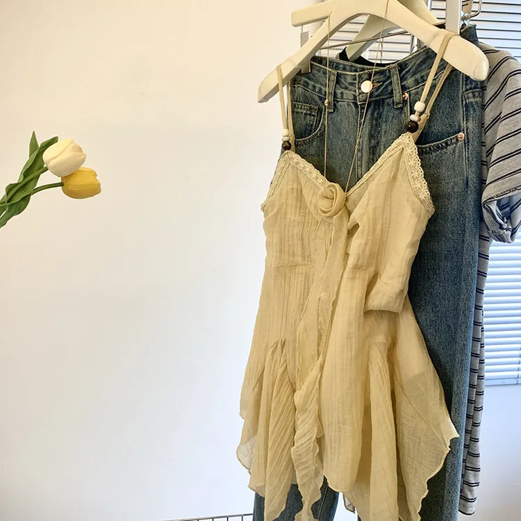 不规则设计感雪纺蕾丝吊带背心女夏季外穿洋气减龄蝴蝶结显瘦上衣