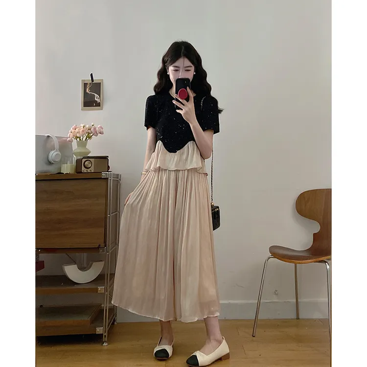 大码夏季新款胖MM法式细闪拼接上衣阔腿裤洋气减龄高级感套装裙