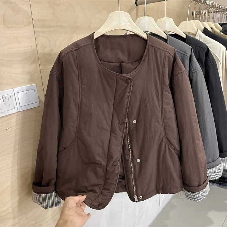 慵懒风短外套女纹拼接上衣2025秋冬新款圆领二棉夹克棉服外套中大