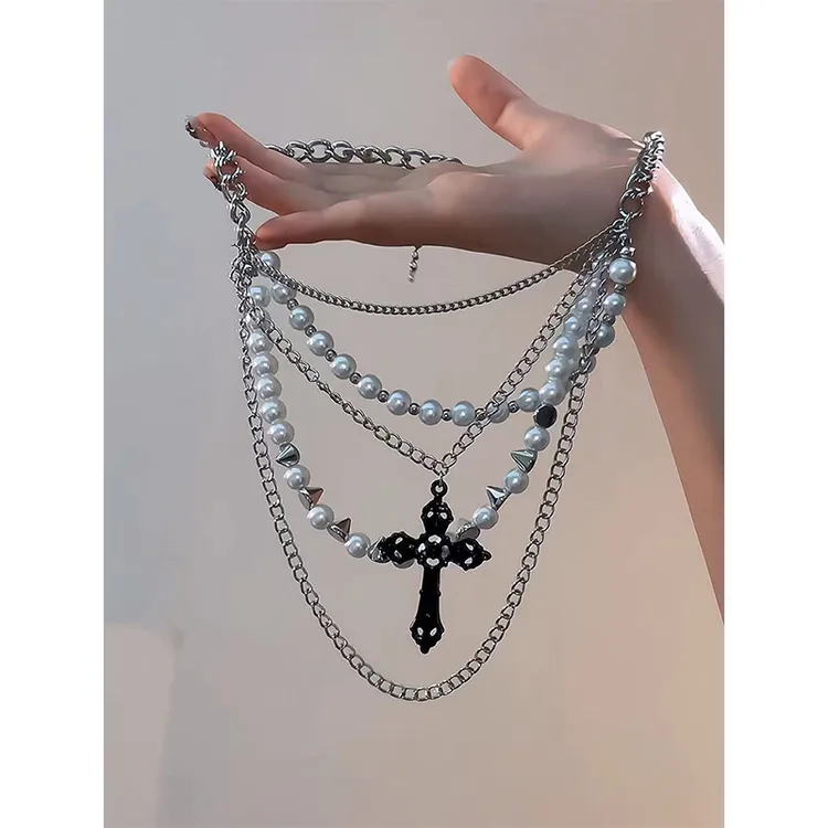 铜合金合成锆石项链 多层叠戴珍珠十字架项链法式choker项链辣妹