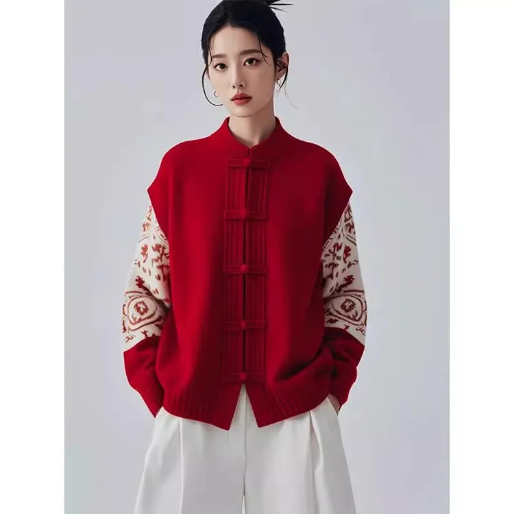 新中式国风本命年外套春季高级感唐装女装中国风高端盘扣针织开衫