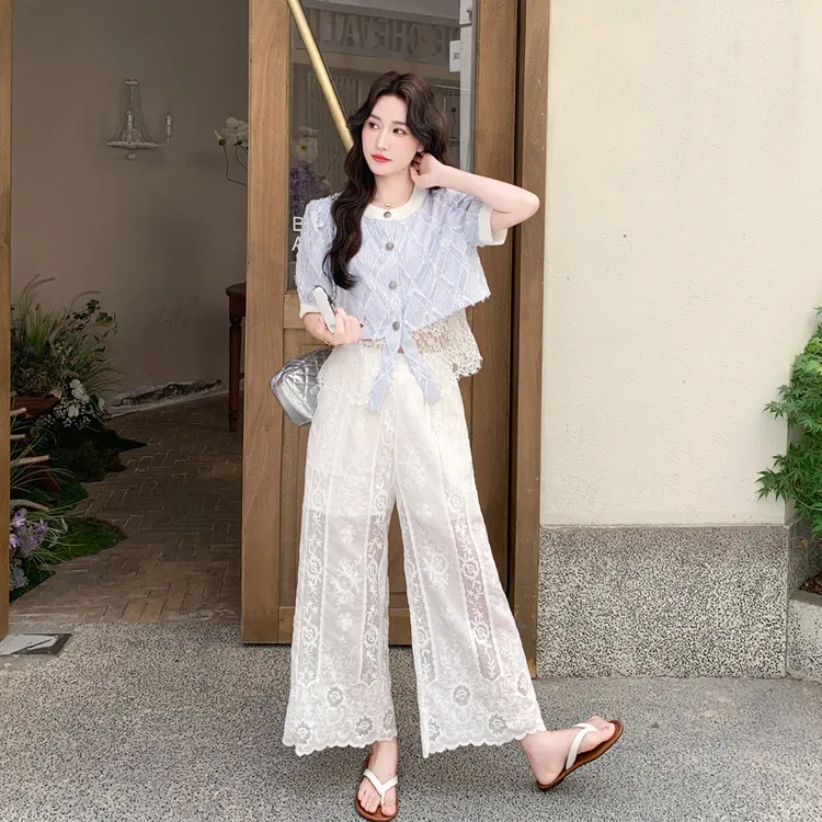 韩系风蕾丝拼接衬衫阔腿裤套装2025夏季新款优雅气质氛围感两件套