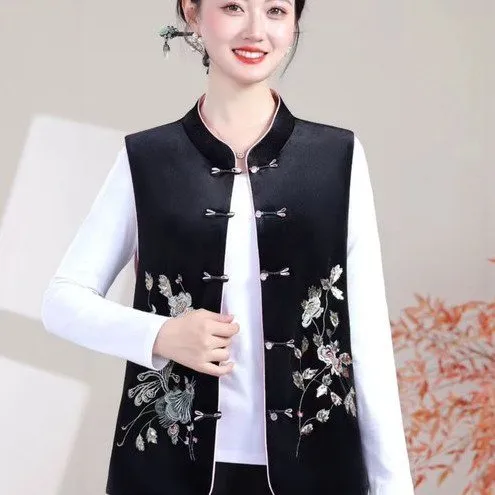 俞兆林新中式绣花马甲2025秋季新款女装复古立领盘扣马夹阔太太