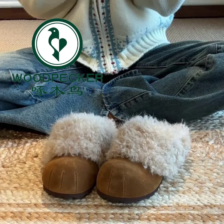啄木鸟复古圆头可爱勃肯棉拖女2026冬季加绒通勤内增高包头半拖鞋