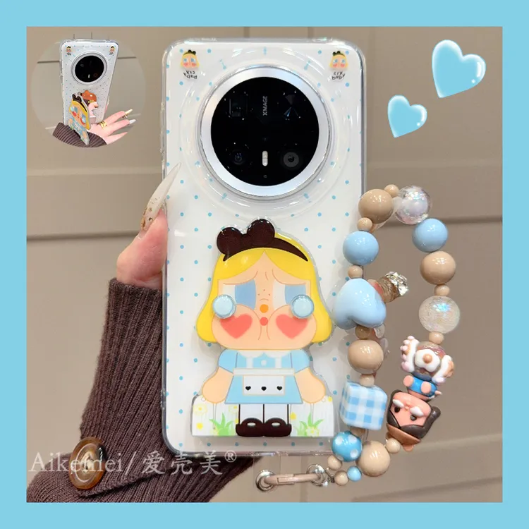适用华为mate70pro+手机壳蓝色波点Mate60pro+可爱哭娃镜子支架女