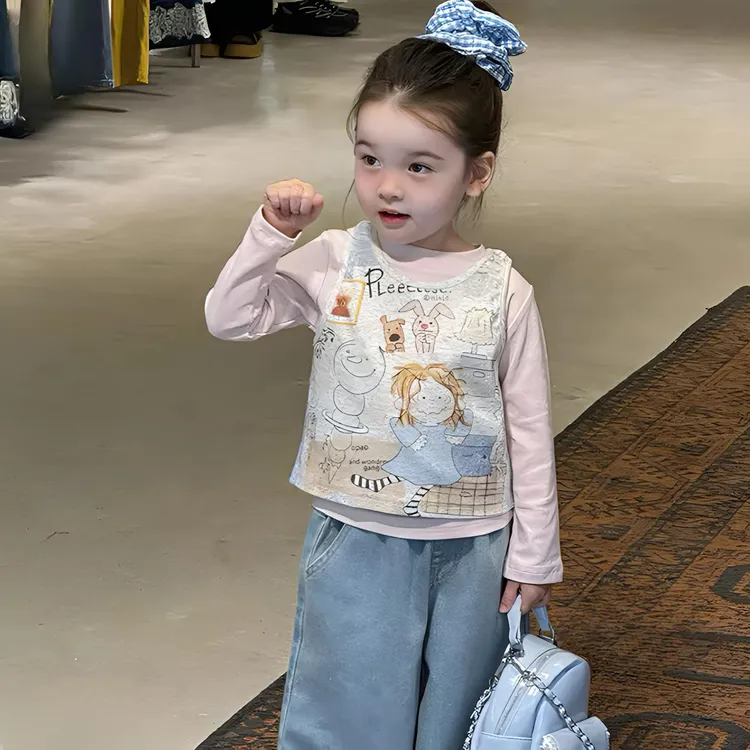 女童套装2025秋冬韩版宝宝可爱粉色长袖T恤背心两件套直筒牛仔裤