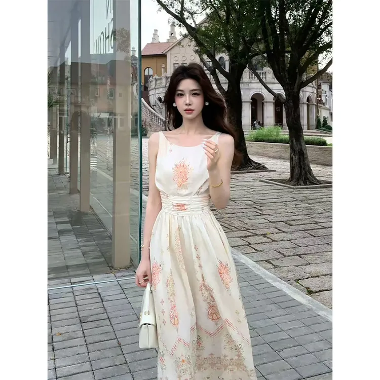 木子李的李【鸟语花香】小众设计感无袖收腰修身连衣裙垂感印花长裙