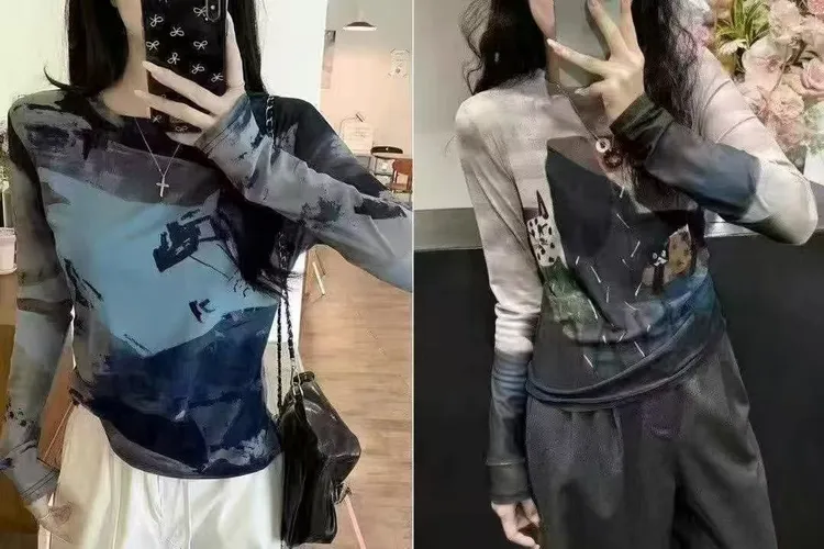 89g涂鸦风长袖印花彩绘圆领T恤休闲防晒洋气，怕晒女神必备