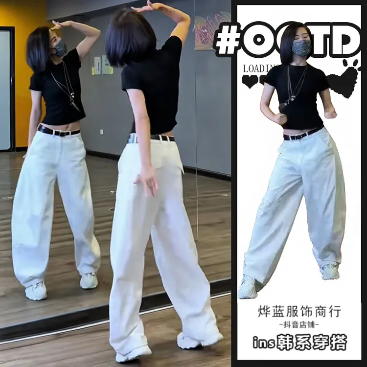 夏季韩式修身黑色短袖上衣高腰显瘦宽松拖地休闲垂感阔腿裤两件套