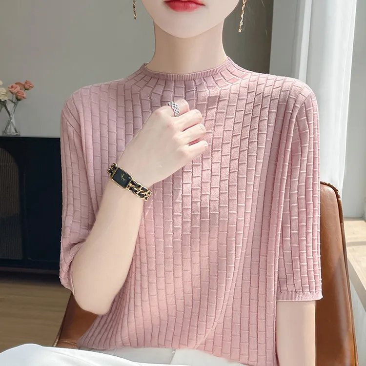 哥弟阿玛施正品夏季时尚半高领针织衫女短袖T恤洋气百搭显瘦上衣