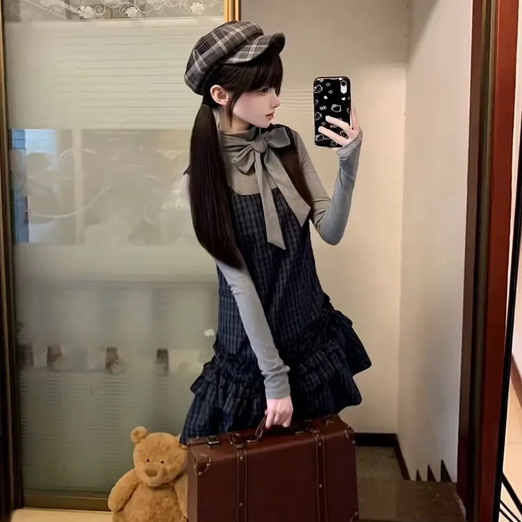 早秋穿搭一整套学院风蝴蝶结打底衫格纹花边吊带连衣裙子两件套装